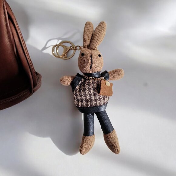 ❤️7" Bunny Keychain Bag Charm Wearing Houndstooth Sweater & Crossbody Purse - Picture 8 of 9